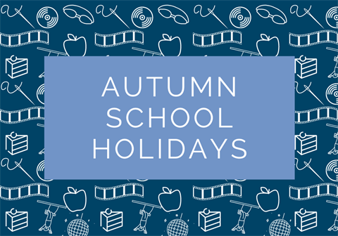 blue sign that says Autumn school holidays with white icons repeated in background