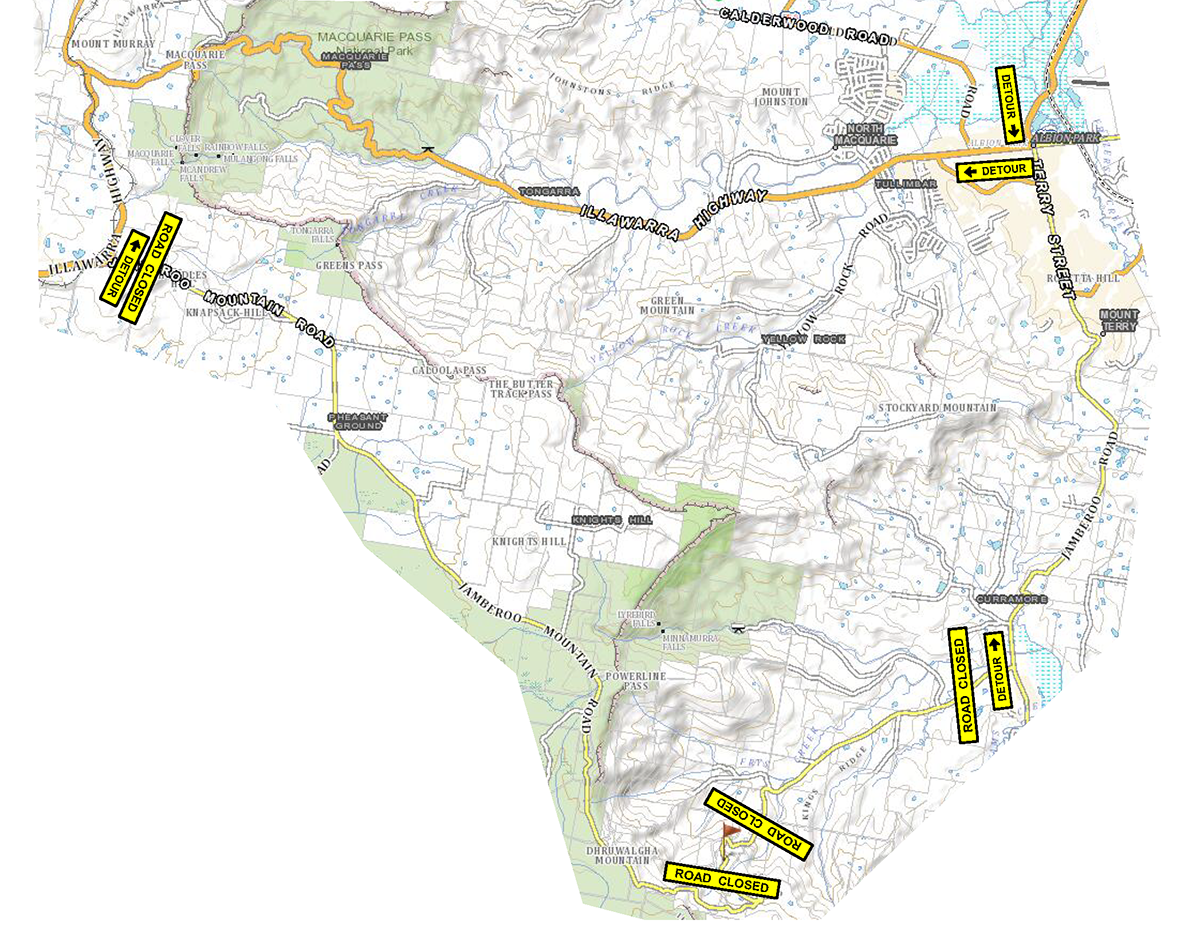 Detour map for Jamberoo Mtn Road closure