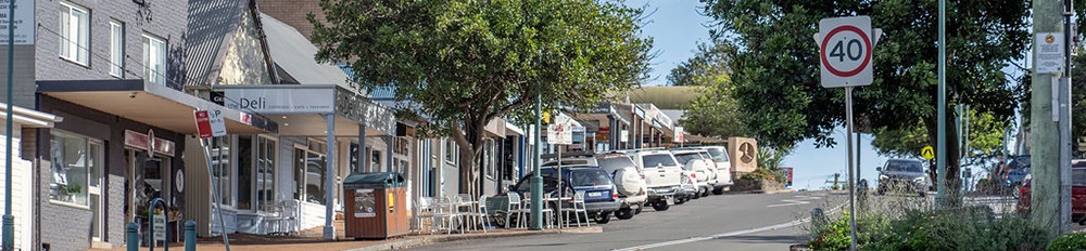 image of Belinda Street Gerringong, with store fronts and cars parked