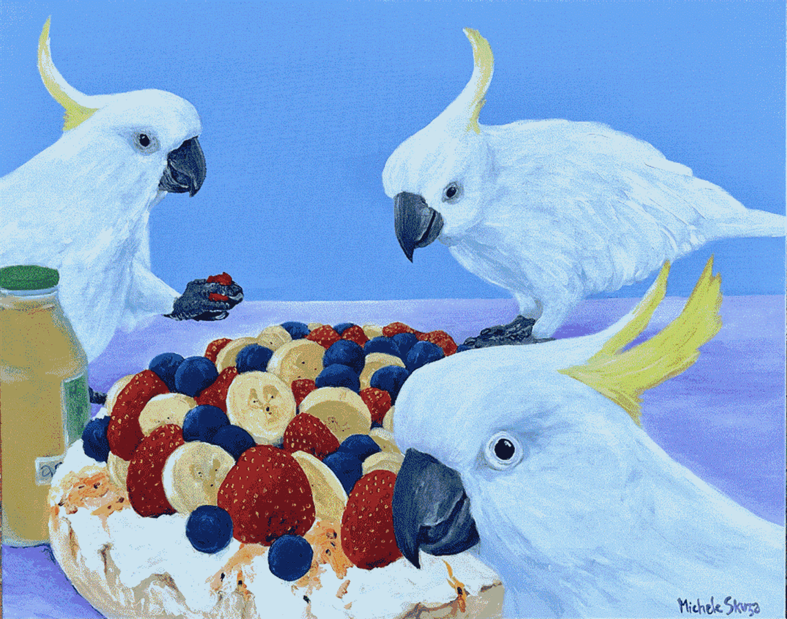 Painting of three cockatoos eating a fruity pavlova