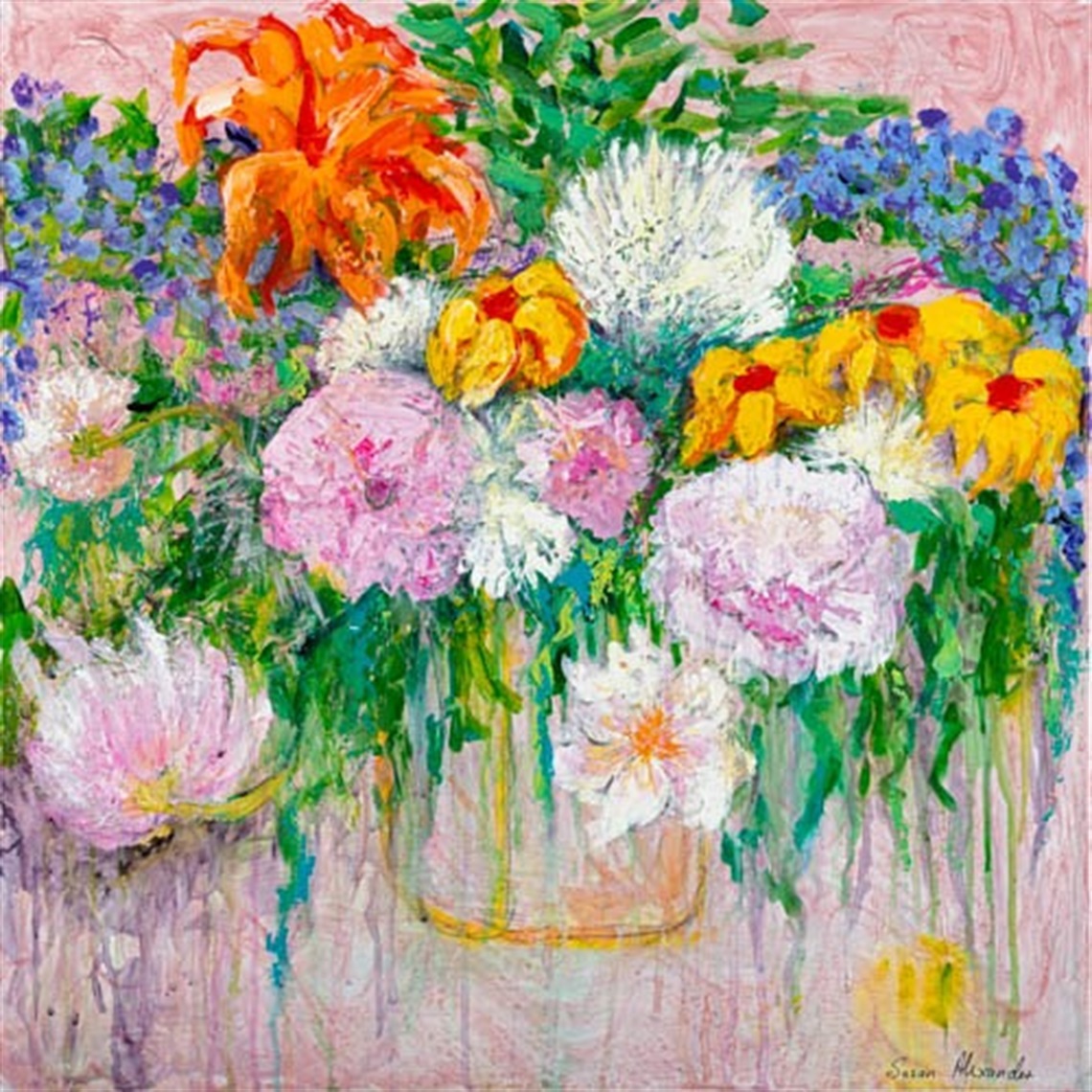 Expressive painting of colourful flowers in a vase