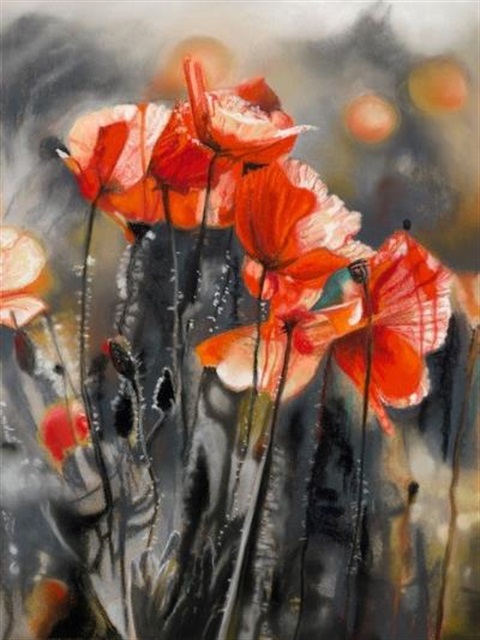 pastel drawing of red poppy flowers