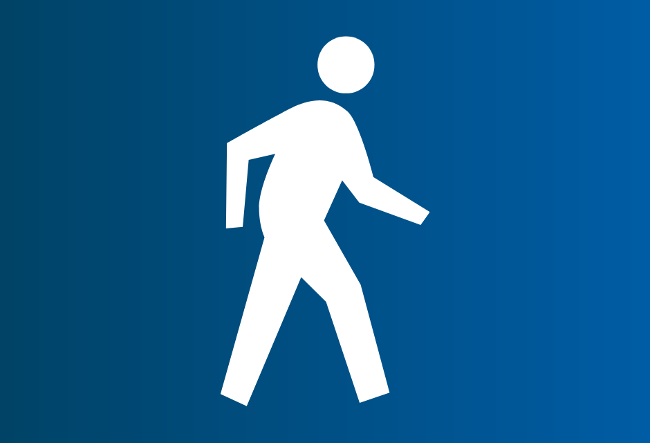 white icon of pedestrian on blue gradient background