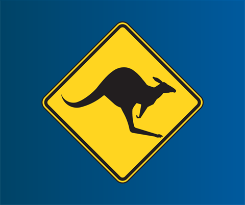 yellow road sign of a kangaroo warning on blue background