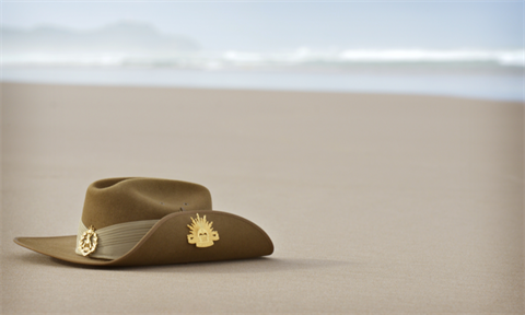 ANZAC hat sitting on sand of beach