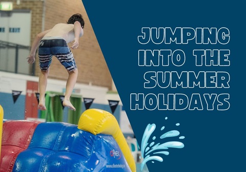 child on inflatable pool toy jumping in the air with the words Jumping Into The Summer Holidays