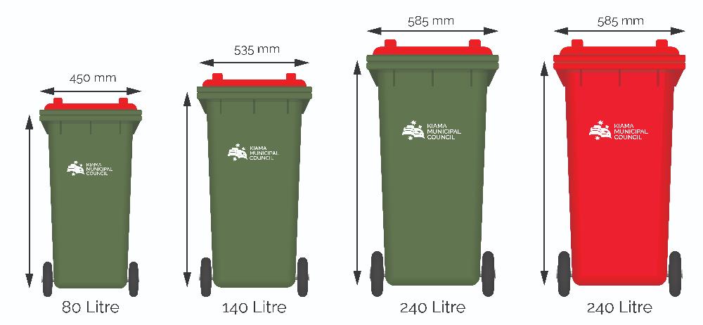 kiama council bin sizes, red lid general waste bins